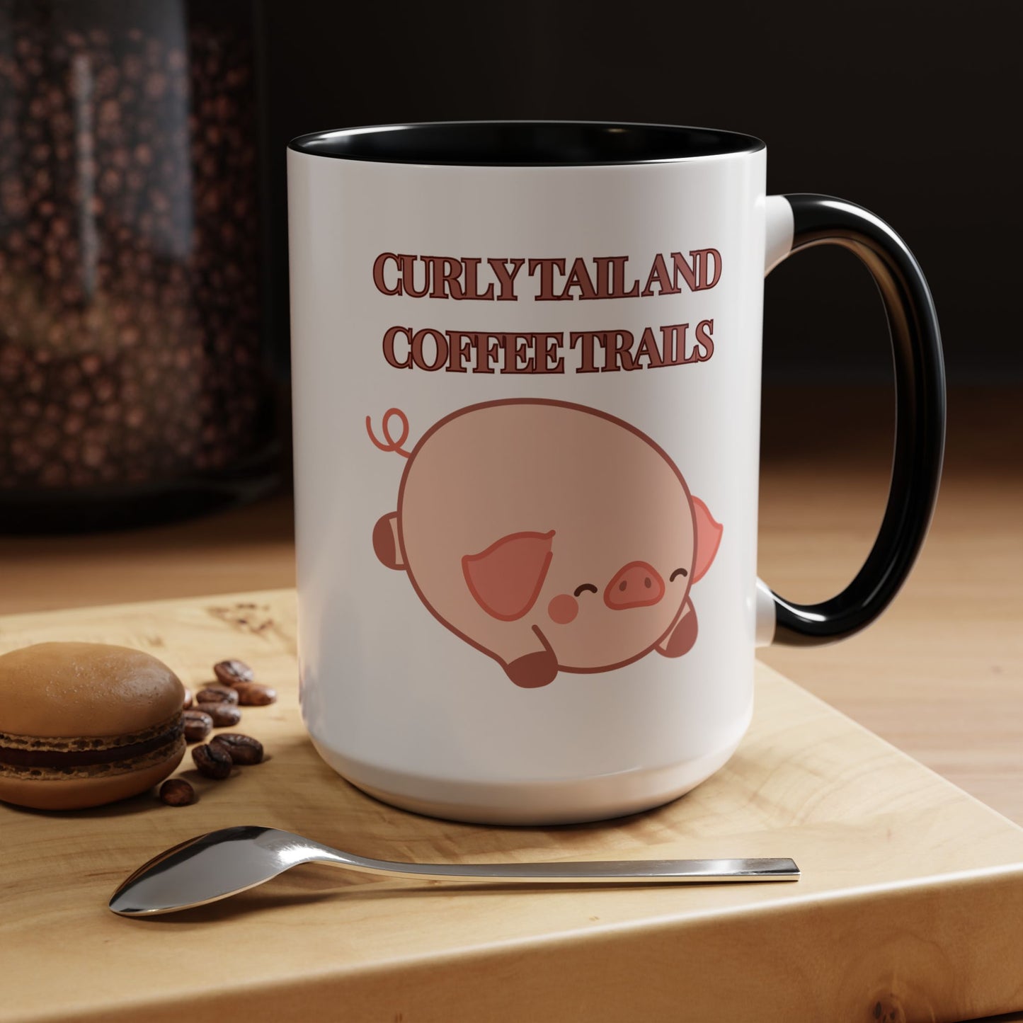 Funny Coffee Mug - "Curly Tail and Coffee Trails" | Whimsical Cup (11, 15oz)